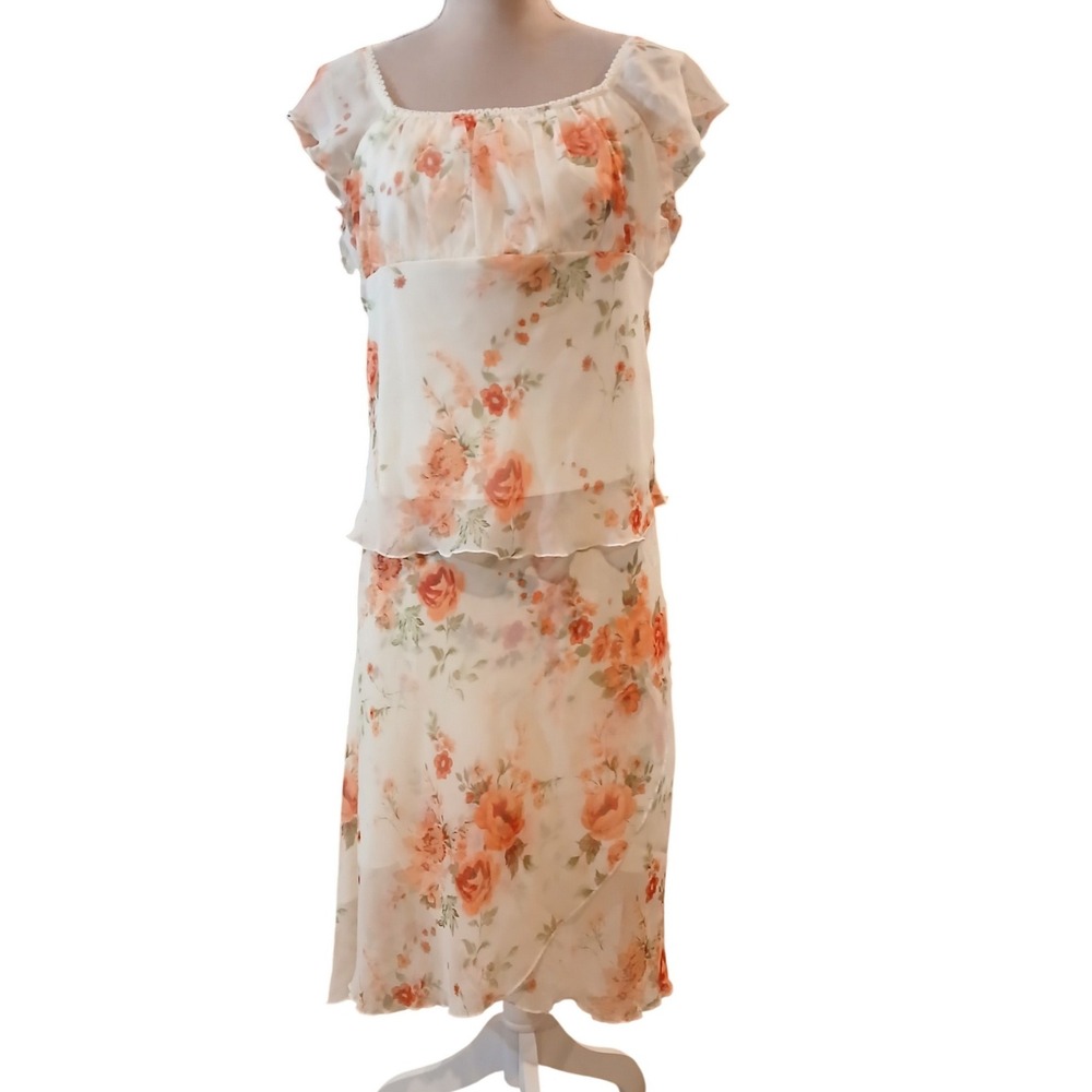 Vtg Fashion Bug 2 Piece Floral Skirt Set Orange Cream Chiffon Large Milkmaid
